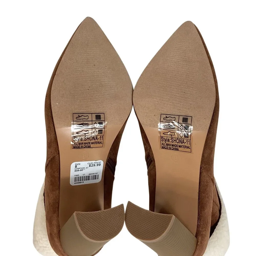 Yoki Shona Womens Brown Faux Suede Sherpa Trim Block Heel Ankle Boots Size 8